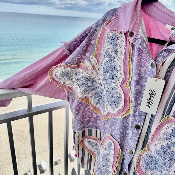 BLUE VELVET NWT Pink and Purple crochet Butterfly Patchwork Shirt - Picture 5 of 12
